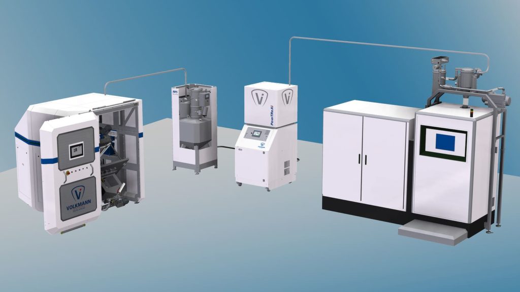 Depowdering station (DPS), metal powder buffer (vHub 250), powder preparation (PowTReX) and filling of a 3D printer with the vLoader 250. Conveying of the metal powder between the stations through pipelines by means of vacuum conveying.