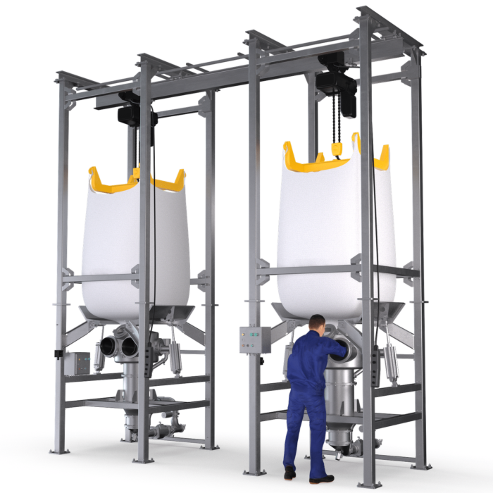 Two big bag emptying units type BBU with glove boxes for connecting of the big-bag (bulk bag) discharge outlet with a vacuum conveying system with low dust emission