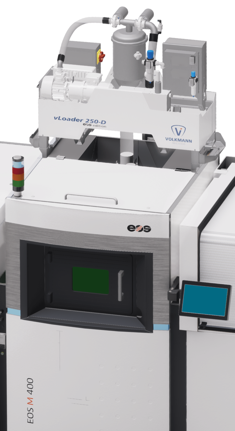 Automatische Befüllung eines 3D-Druckers Typ EOS M 400 mit Metallpulver durch einen VOLKMANN vLoader 250. Trocknung des Metallpulvers vor der Befüllung mittels Vakuumtrocknung.