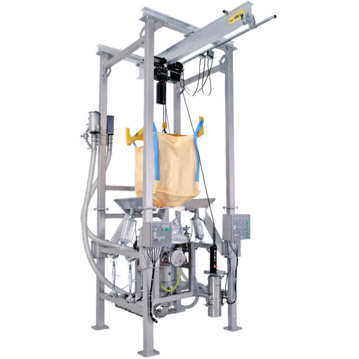 Station de vidange de big bags avec protection de confinement de classe OEB 3. Vidange en toute sécurité de produits en vrac critiques pour des applications notamment dans le secteur chimique.