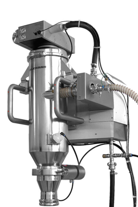 Durch CONWEIGH wird ein Vakuumförderer um ein Verwiegung ergänzt. Das Nettogewicht des im Vakuumförderers gesammelten Produkts wird kontinuierlich gemessen, und die Fördermenge kann auf ein einstellbares Gewicht herangeführt werden.