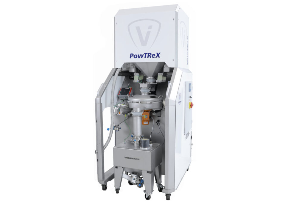 PowTReX-systeem voor de terugwinning van metaalpoeder: afzuiging van het metaalpoeder uit een 3D-printer, zeven van het poeder om vreemde voorwerpen te scheiden en bufferen van het metaalpoeder in een container.