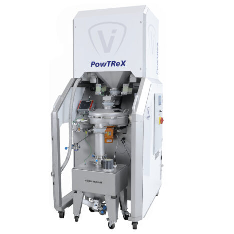 PowTReX system for metal powder recovery: extraction of metal powder from a 3D printer, screening of the powder to separate foreign matter, and buffering of the metal powder in a container.