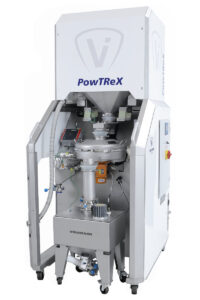 PowTReX-System für die Rückgewinnung von Metallpulver: Absaugung des Metallpulvers aus einem 3D-Drucker, Sieben des Pulvers zur Absonderung von Fremdkörpern, und Puffern des Metallpulvers in einem Behälter.