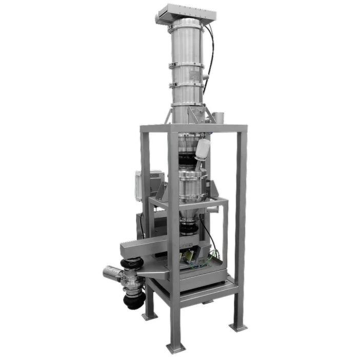 Conveying and dosing tower: VS vacuum conveyor, buffer container and vibratory feeder with weighing by load cell, connection to the downstream station (mixer) with a disc valve