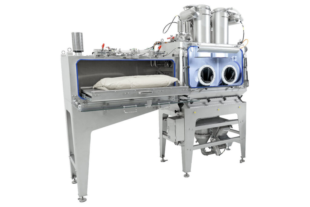 Leegstation voor zakken en big bags. Veilige verwerking van kritische poeders en stofdeeltjes onder inkapseling met beschermingsklasse OEB 3. Sluiskamer en handschoenkast voor het legen van het poeder in een trechter. Toevoer van het poeder naar de transportleiding van een vacuümtransportsysteem.