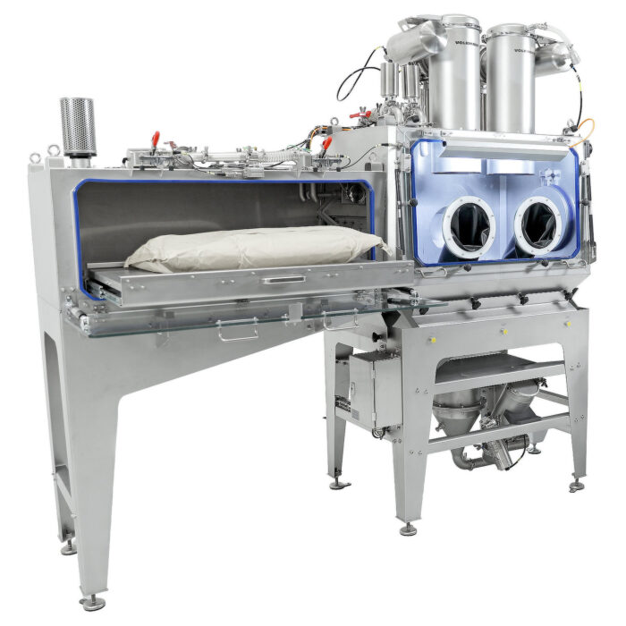 Station de vidange pour sacs et sachets. Manipulation en toute sécurité de poudres et poussières critiques en confinement, avec un niveau de protection OEB 3. Chambre de sas et boîte à gants pour la vidange de la poudre dans une trémie. Intégration de la poudre dans la conduite d'alimentation d'un système de transport par le vide.