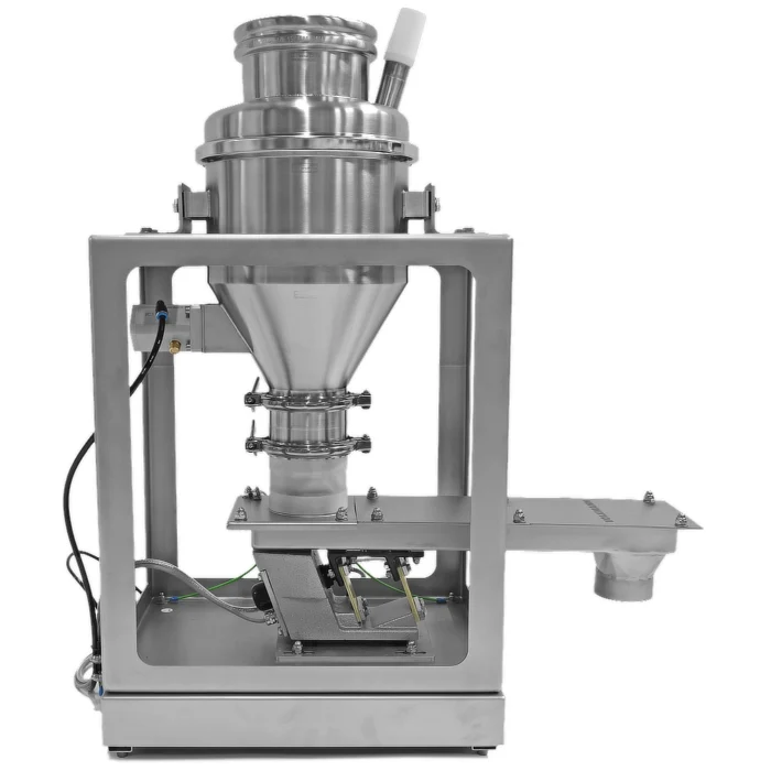 Module composé d'un bac tampon et d'un convoyeur vibrant. Pesage permanent par une cellule de pesage dans la plate-forme de base.