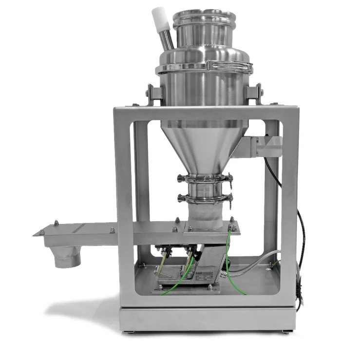 Module composé d'un bac tampon et d'un convoyeur vibrant. Pesage permanent par une cellule de pesage dans la plate-forme de base.