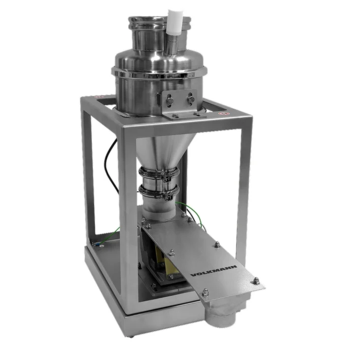 Module composé d'un bac tampon et d'un convoyeur vibrant. Pesage permanent par une cellule de pesage dans la plate-forme de base.