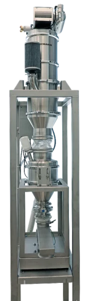 Combination of vacuum conveying with load cell and vibration conveying for exact weight determination and quantity feed of a specified weight to the downstream machine.