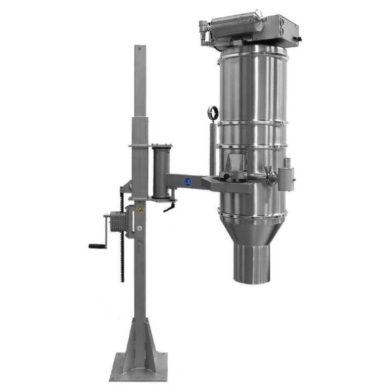 Simple mechanical lifting column with swivelling arm for the vacuum conveyor