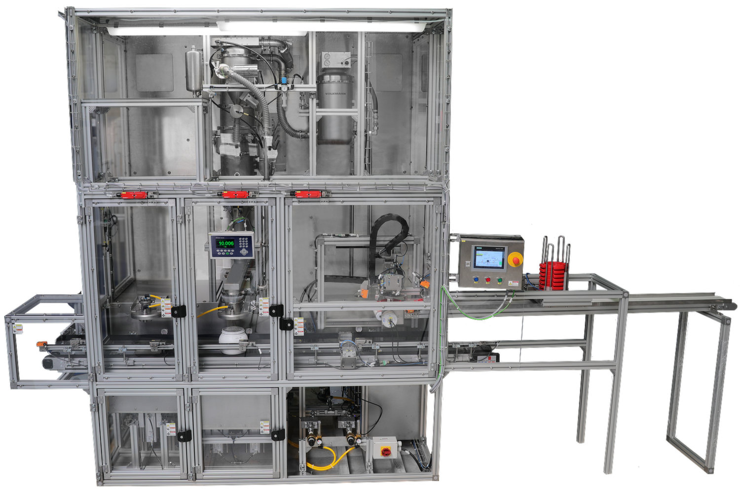 Beispiel einer Metallpulver-Abfüllanlage, die für die Befüllung von CurTec-Behältern ausgelegt ist. Inertgas-Spülstation (links), Metallpulver-Abfüllstation (Mitte) und Deckelverschließstation (rechts).