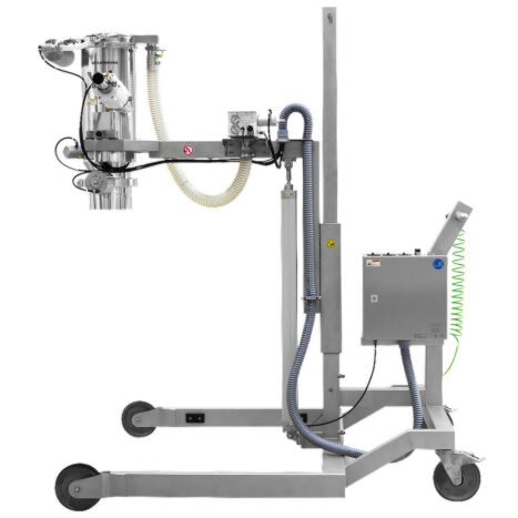 Mobiele hefkolom met pneumatische hoogteverstelling. Vacuümtransport uit de PPC-serie met klep aan de productinlaat en schijfklep aan de productuitlaat. Multijector-vacuümpomp los van het vacuümtransportsysteem aan de arm bevestigd.