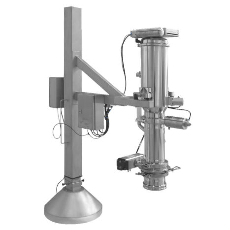 Hefkolom met pneumatische hoogteverstelling en zwenkbeweging rond de verticale as. In de hefvork is een PPC-vacuümtransport geplaatst. Het materiaal wordt afgevoerd via een dubbele klepsluis.