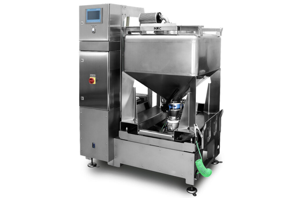 IBC docking station type vDock for the central supply of up to six 3D printers with metal powder. The metal powder is loaded onto the station in an IBC container. The container is automatically coupled to the station using the VIAS valve.