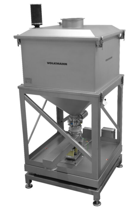 Container für Pulver mit einem Vibrationsförderer zur Entnahme von definierten Gewichtsmengen für einen nachfolgenen Produktionsprozess.